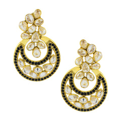 Designer Flower Kundan Black 18K Gold Chandbali Earring For Women