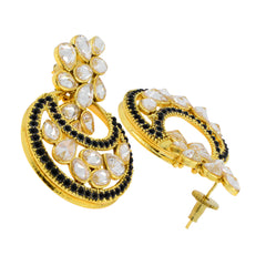 Designer Flower Kundan Black 18K Gold Chandbali Earring For Women