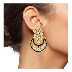 Designer Flower Kundan Black 18K Gold Chandbali Earring For Women