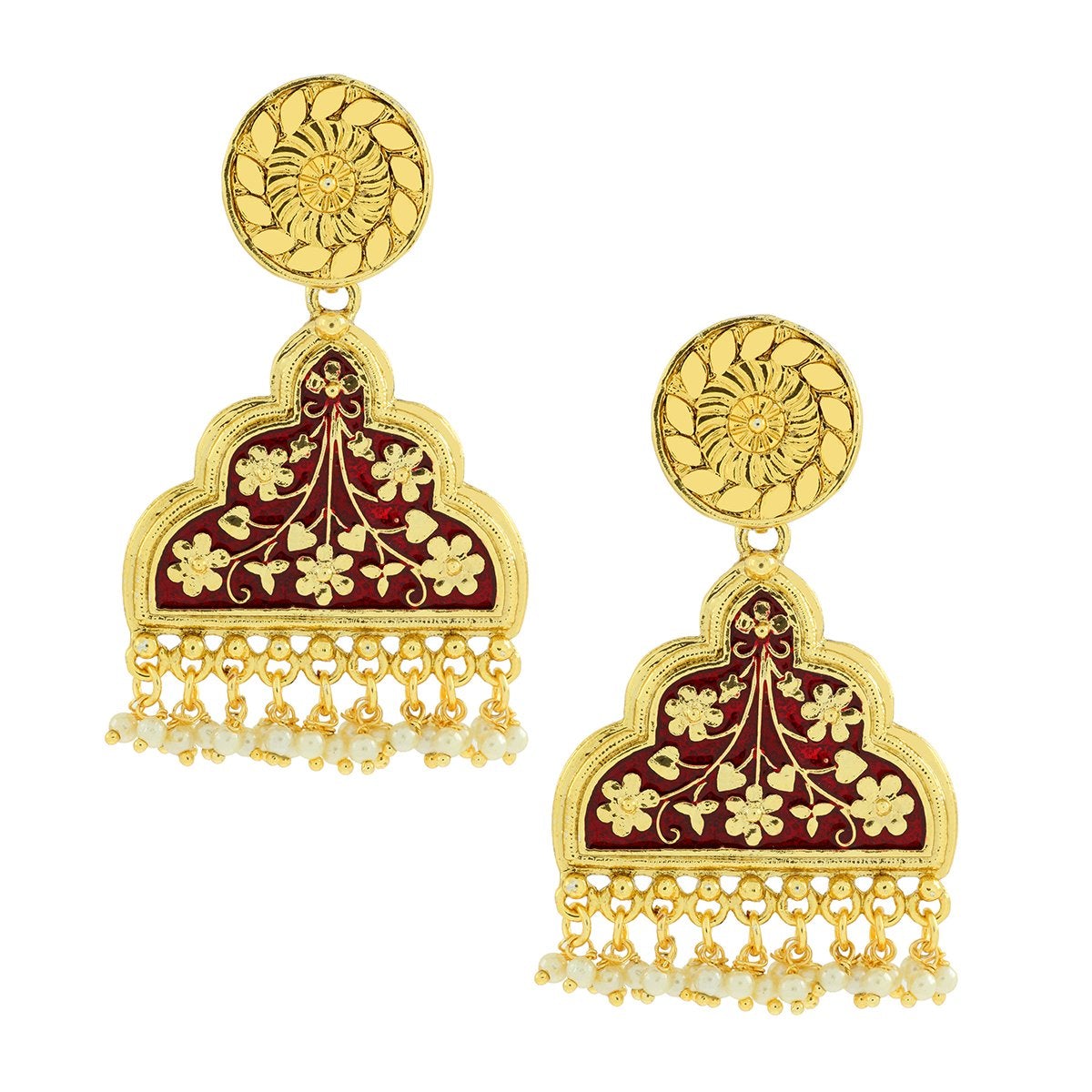 Statement Maroon Red Enamel Victorian Pearl 22K Gold Dangle Earring