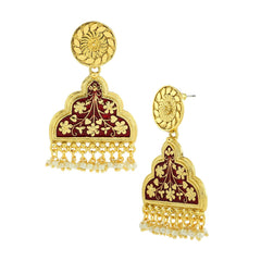Statement Maroon Red Enamel Victorian Pearl 22K Gold Dangle Earring