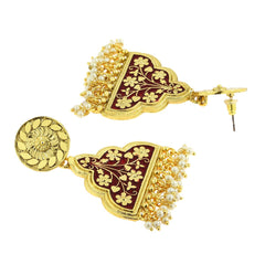 Statement Maroon Red Enamel Victorian Pearl 22K Gold Dangle Earring