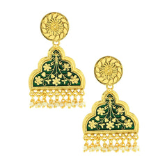 Statement Green Enamel Meenakari Victorian Pearl Gold Dangle Earring