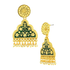 Statement Green Enamel Meenakari Victorian Pearl Gold Dangle Earring