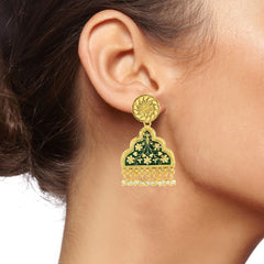 Statement Green Enamel Meenakari Victorian Pearl Gold Dangle Earring