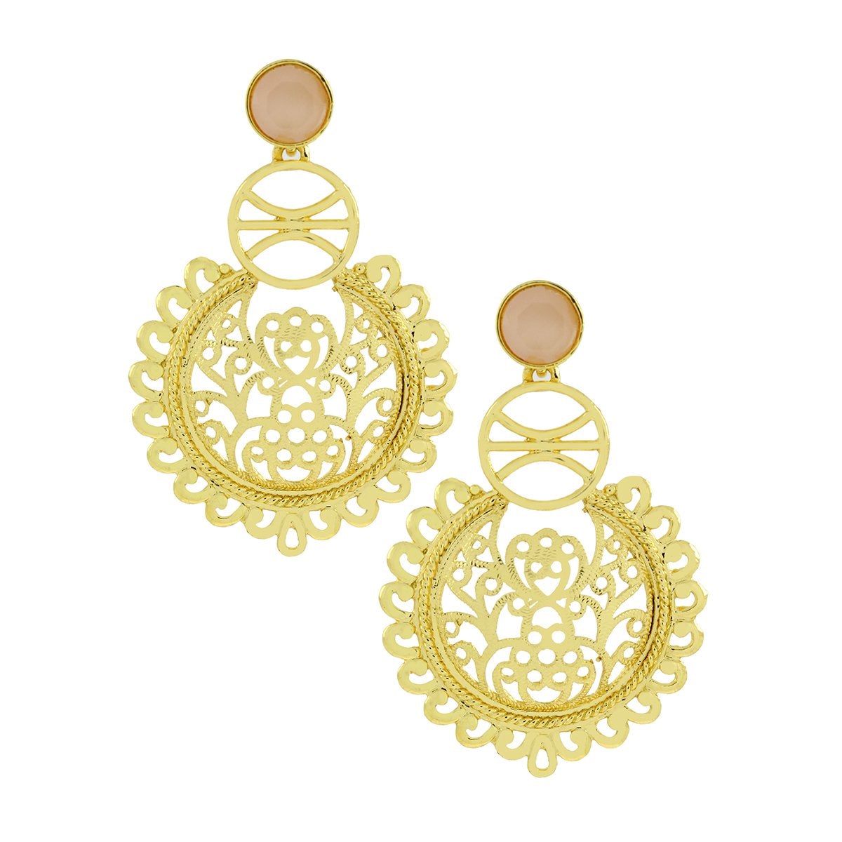 Large Statement Filigree Chaand Bali Baby Pink Gold Jhumki Earring