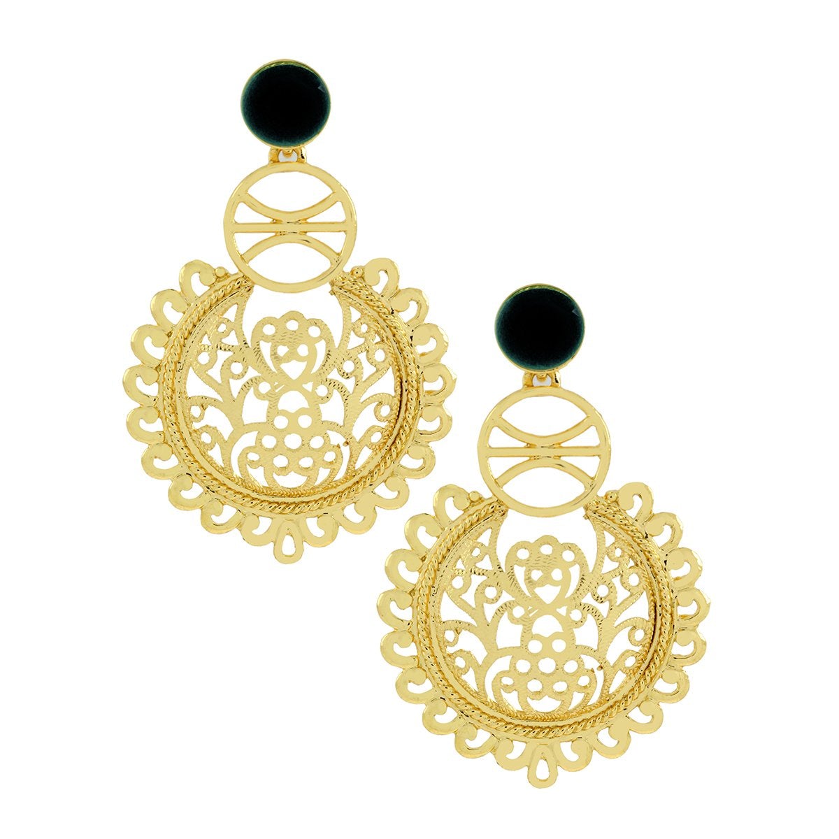 Large Statement Filigree Chaand Bali Black 18K Gold Jhumki Cz Earring