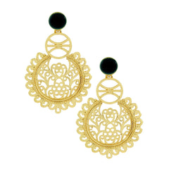Large Statement Filigree Chaand Bali Black 18K Gold Jhumki Cz Earring
