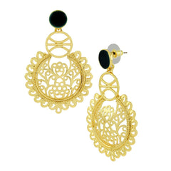 Large Statement Filigree Chaand Bali Black 18K Gold Jhumki Cz Earring