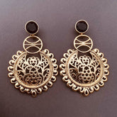 Large Statement Filigree Chaand Bali Black 18K Gold Jhumki Cz Earring