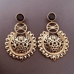 Large Statement Filigree Chaand Bali Black 18K Gold Jhumki Cz Earring