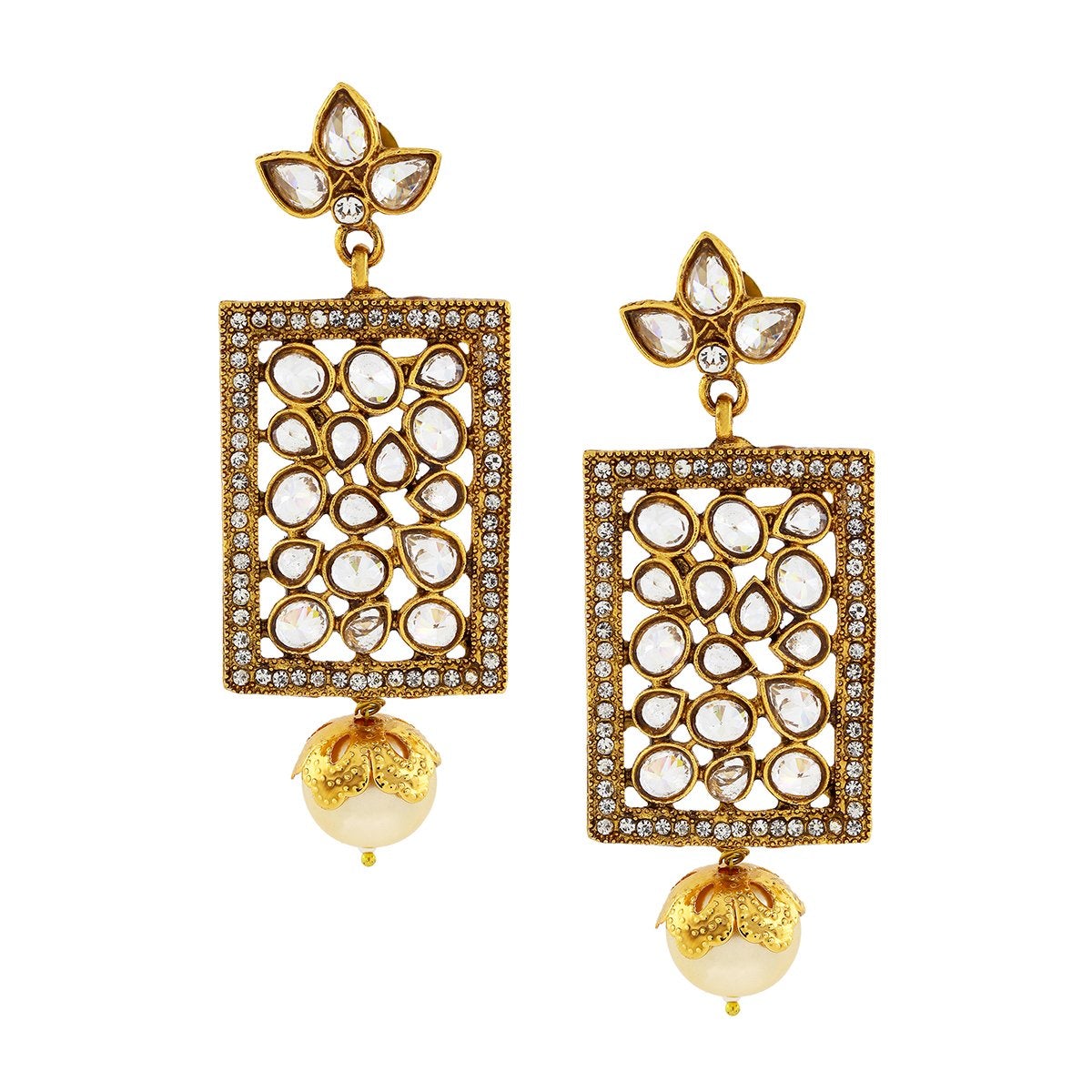 Filigree Kundan Pearl American Diamonds 18K Gold Dangle Earring