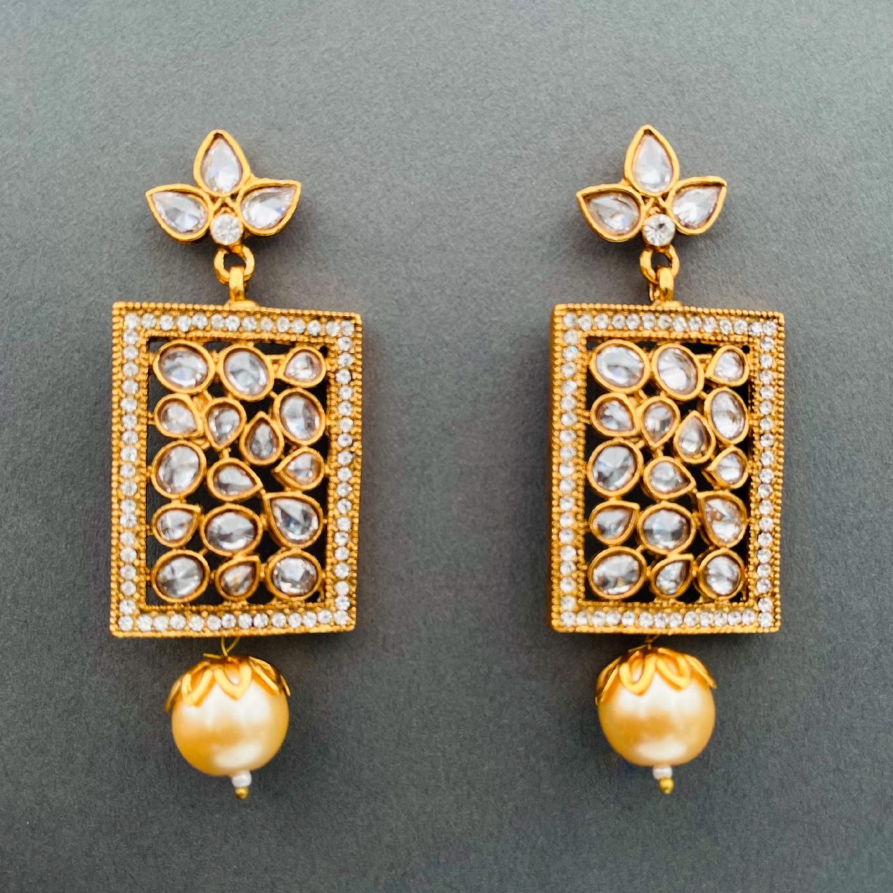 Filigree Kundan Pearl American Diamonds 18K Gold Dangle Earring