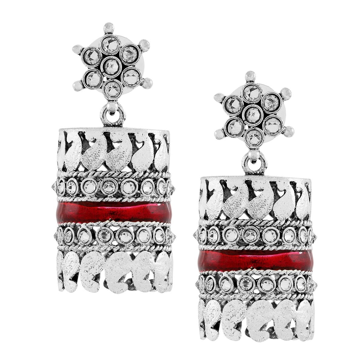 Traditional Cz Enamel Red Maroon Silver Rhodium Dangle Earring