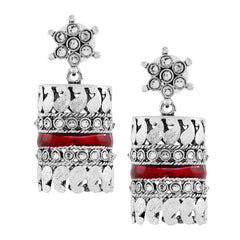 Traditional Cz Enamel Red Maroon Silver Rhodium Dangle Earring