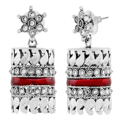 Traditional Cz Enamel Red Maroon Silver Rhodium Dangle Earring