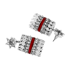 Traditional Cz Enamel Red Maroon Silver Rhodium Dangle Earring