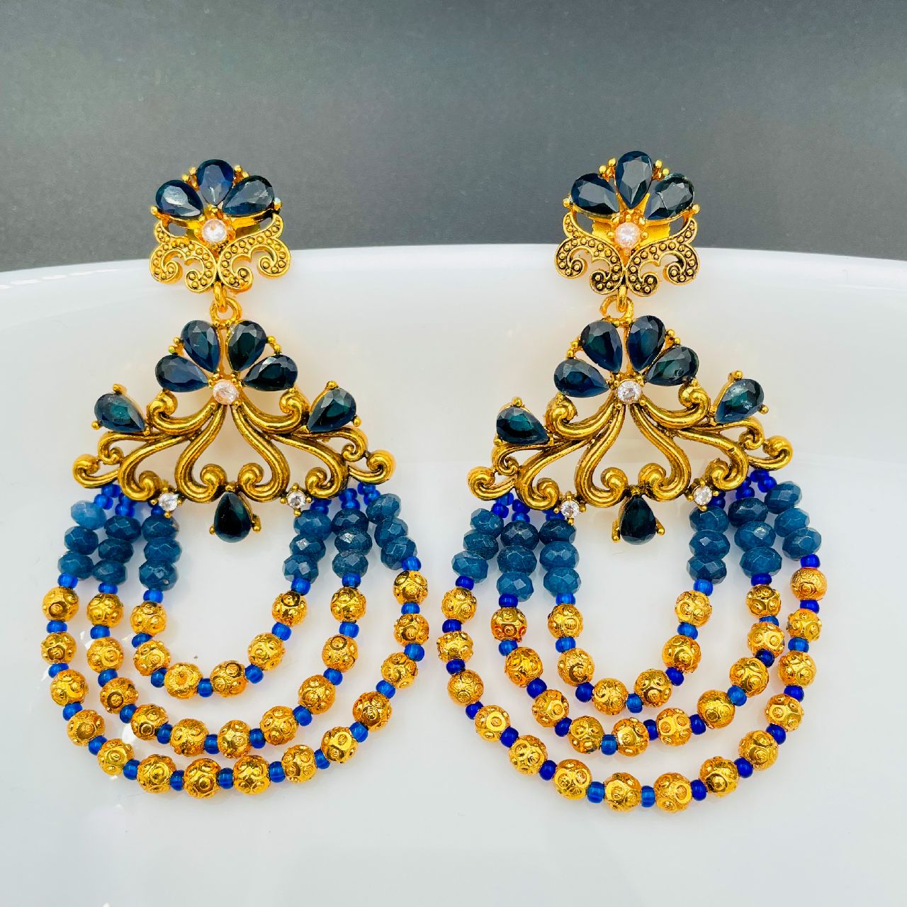 Design 18K Gold Blue Crystal Cubic Zirconia Beads Chandelier Earring