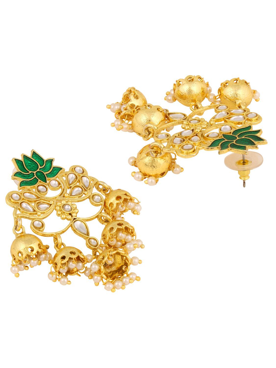 Lotus Floral Statement 18K Gold Green Enamel Kundan Chandelier Jhumki Earring Girl Women