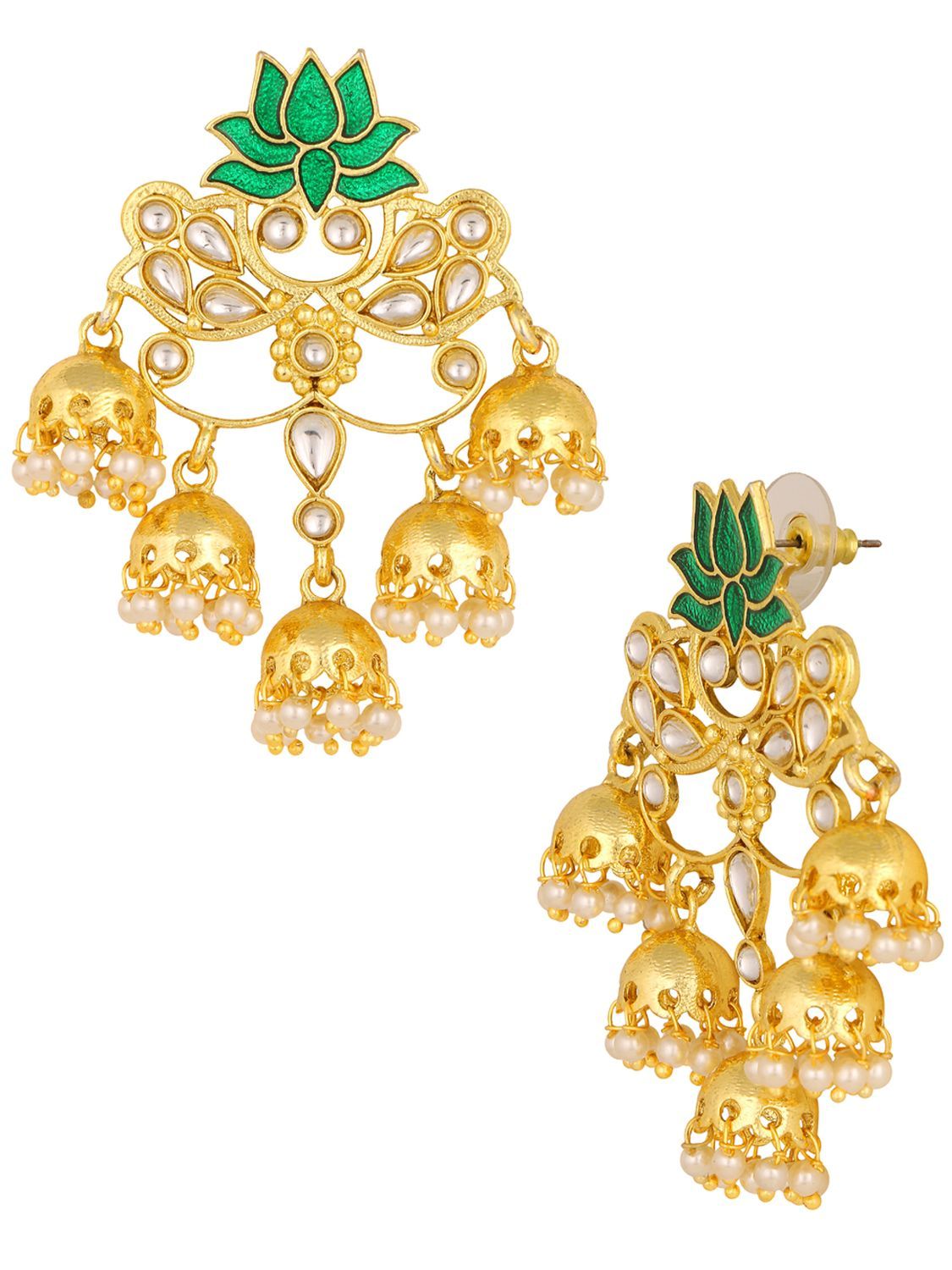 Lotus Floral Statement 18K Gold Green Enamel Kundan Chandelier Jhumki Earring Girl Women