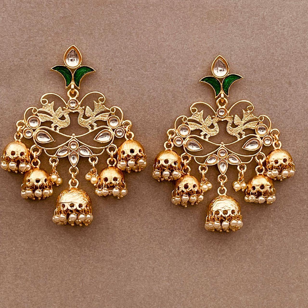 Lotus Floral Statement 18K Gold Green Enamel Kundan Chandelier Jhumki Earring Girl Women