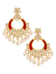 Classic Filigree Floral Chaand Bali 18K Gold Maroon Red Enamel Kundan Pearl Earring Girl Women