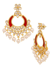 Classic Filigree Floral Chaand Bali 18K Gold Maroon Red Enamel Kundan Pearl Earring Girl Women