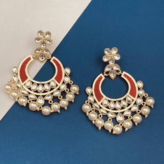 Classic Filigree Floral Chaand Bali 18K Gold Maroon Red Enamel Kundan Pearl Earring Girl Women