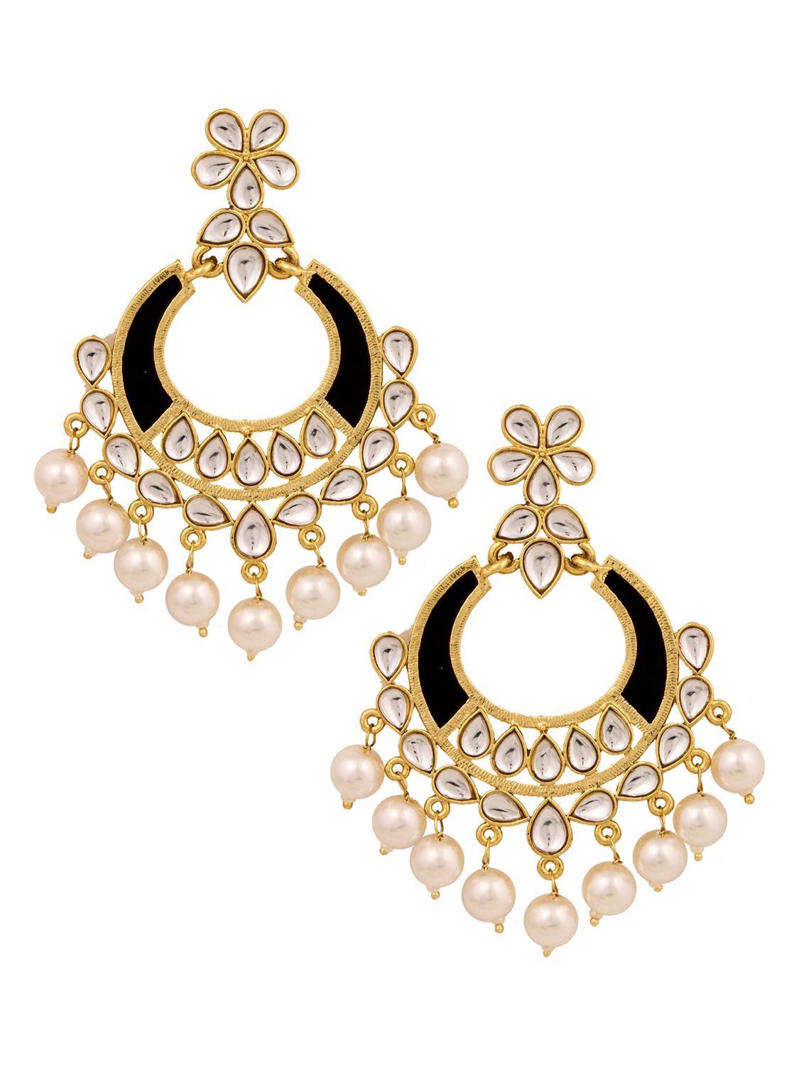 Classic Filigree Floral Chaand Bali 18K Gold Black Enamel Kundan Pearl Earring Girl Women