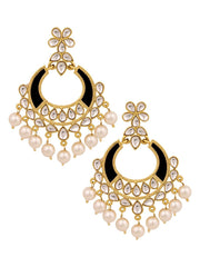 Classic Filigree Floral Chaand Bali 18K Gold Black Enamel Kundan Pearl Earring Girl Women