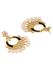 Classic Filigree Floral Chaand Bali 18K Gold Black Enamel Kundan Pearl Earring Girl Women