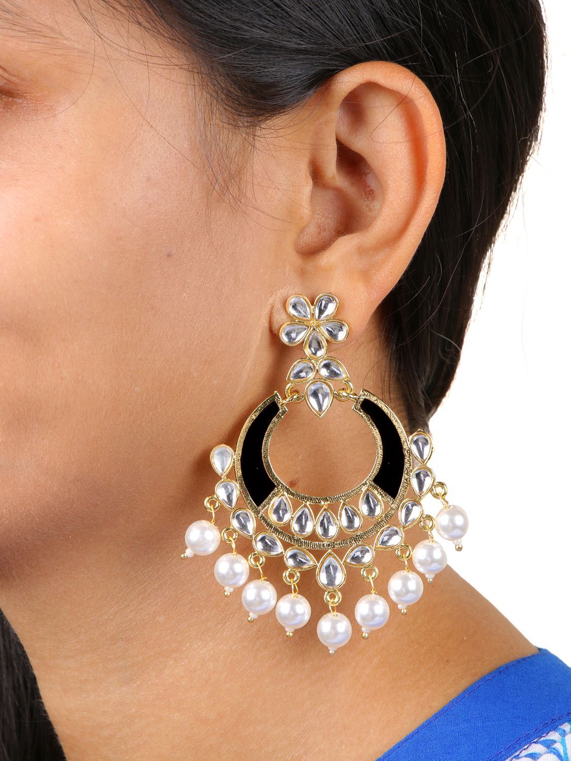 Classic Filigree Floral Chaand Bali 18K Gold Black Enamel Kundan Pearl Earring Girl Women