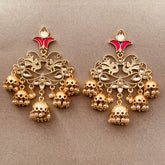 Peacock 18K Gold Pink Enamel Filigree Pearl Kundan Chandelier Earring Girl Women