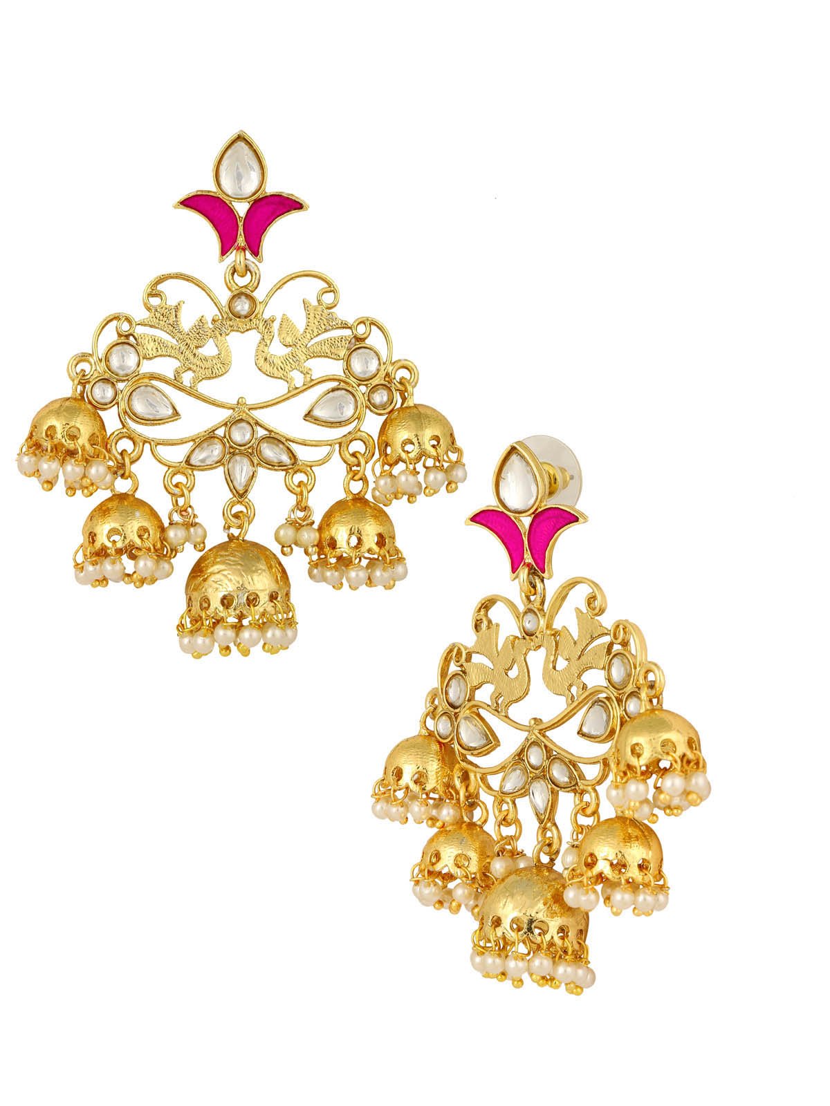 Peacock 18K Gold Pink Enamel Filigree Pearl Kundan Chandelier Earring Girl Women