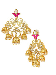 Peacock 18K Gold Pink Enamel Filigree Pearl Kundan Chandelier Earring Girl Women