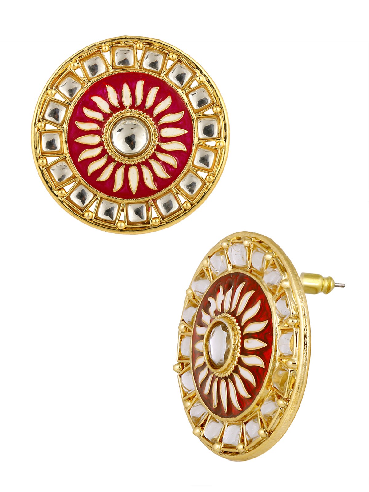Traditional Fire Large Maroon Round Kundan Meenakari Stud Earring Girls Women