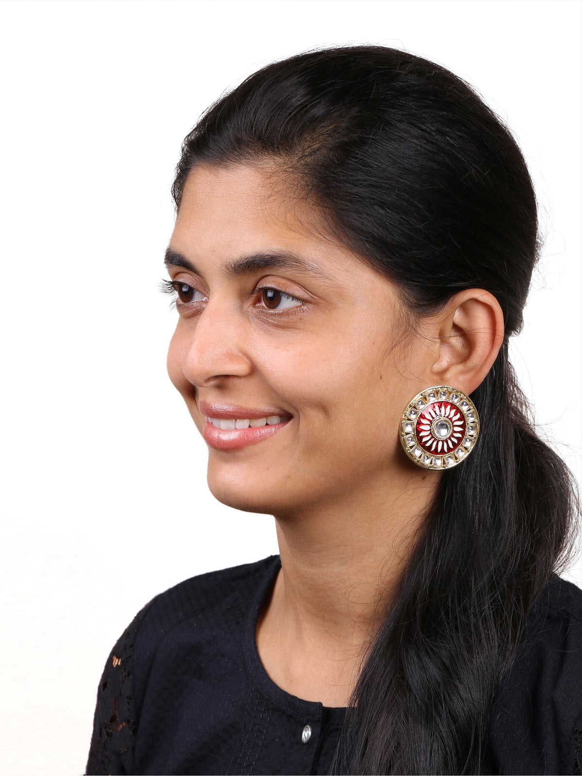 Traditional Fire Large Maroon Round Kundan Meenakari Stud Earring Girls Women