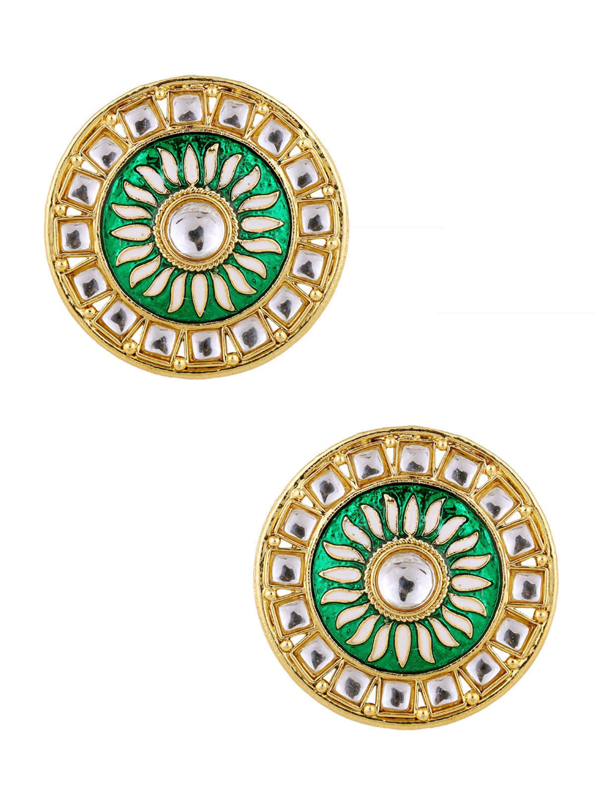 Traditional Fire Large Green Round Kundan Meenakari Stud Earring Girls Women