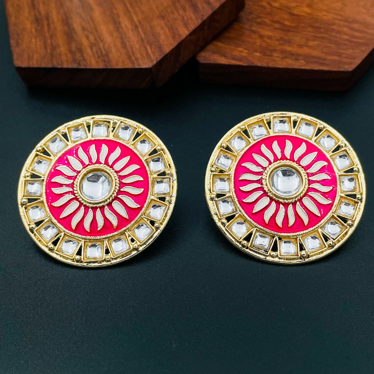 Traditional Fire Large Rani Pink Round Kundan Meenakari Stud Earring Girls Women