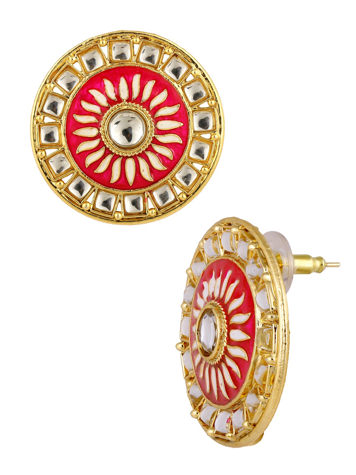 Traditional Fire Large Rani Pink Round Kundan Meenakari Stud Earring Girls Women