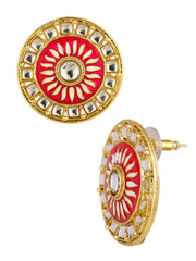 Traditional Fire Large Rani Pink Round Kundan Meenakari Stud Earring Girls Women