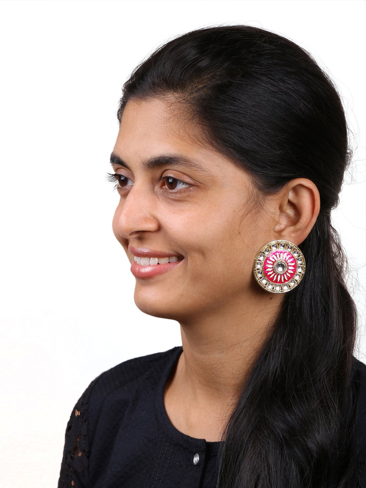 Traditional Fire Large Rani Pink Round Kundan Meenakari Stud Earring Girls Women