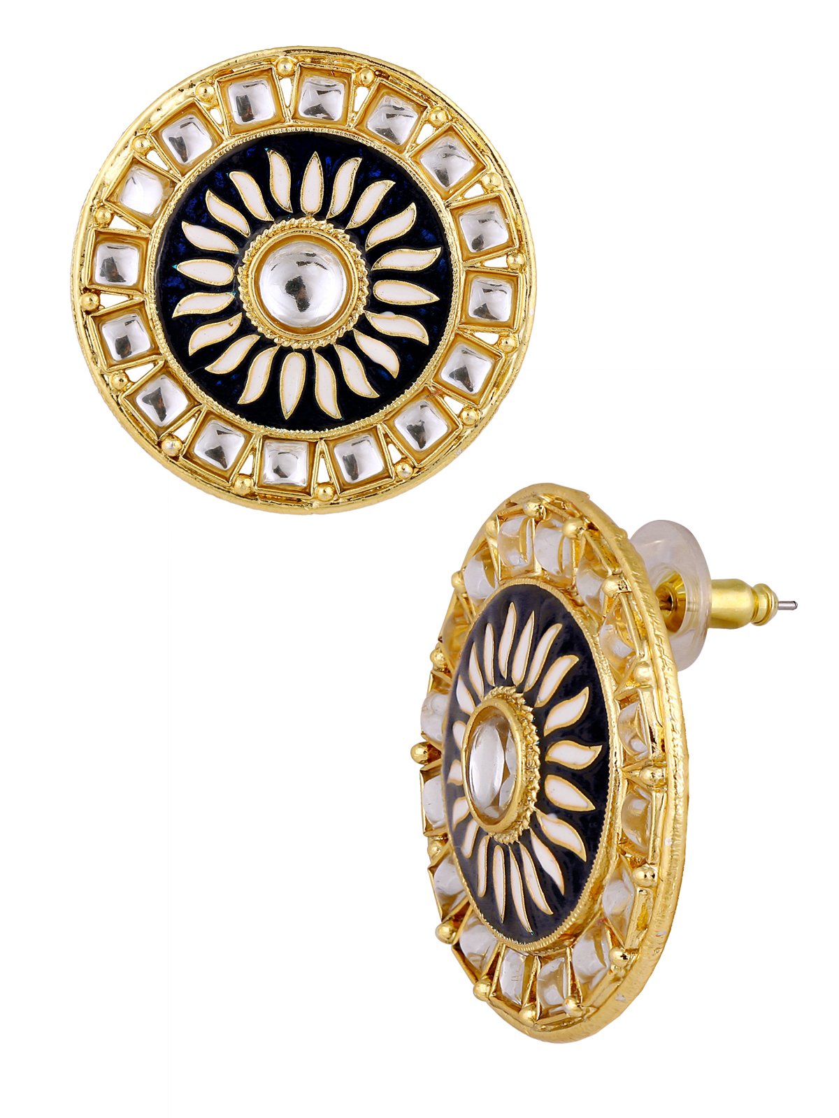 Traditional Fire Large Black Round Kundan Meenakari Stud Earring Girls Women