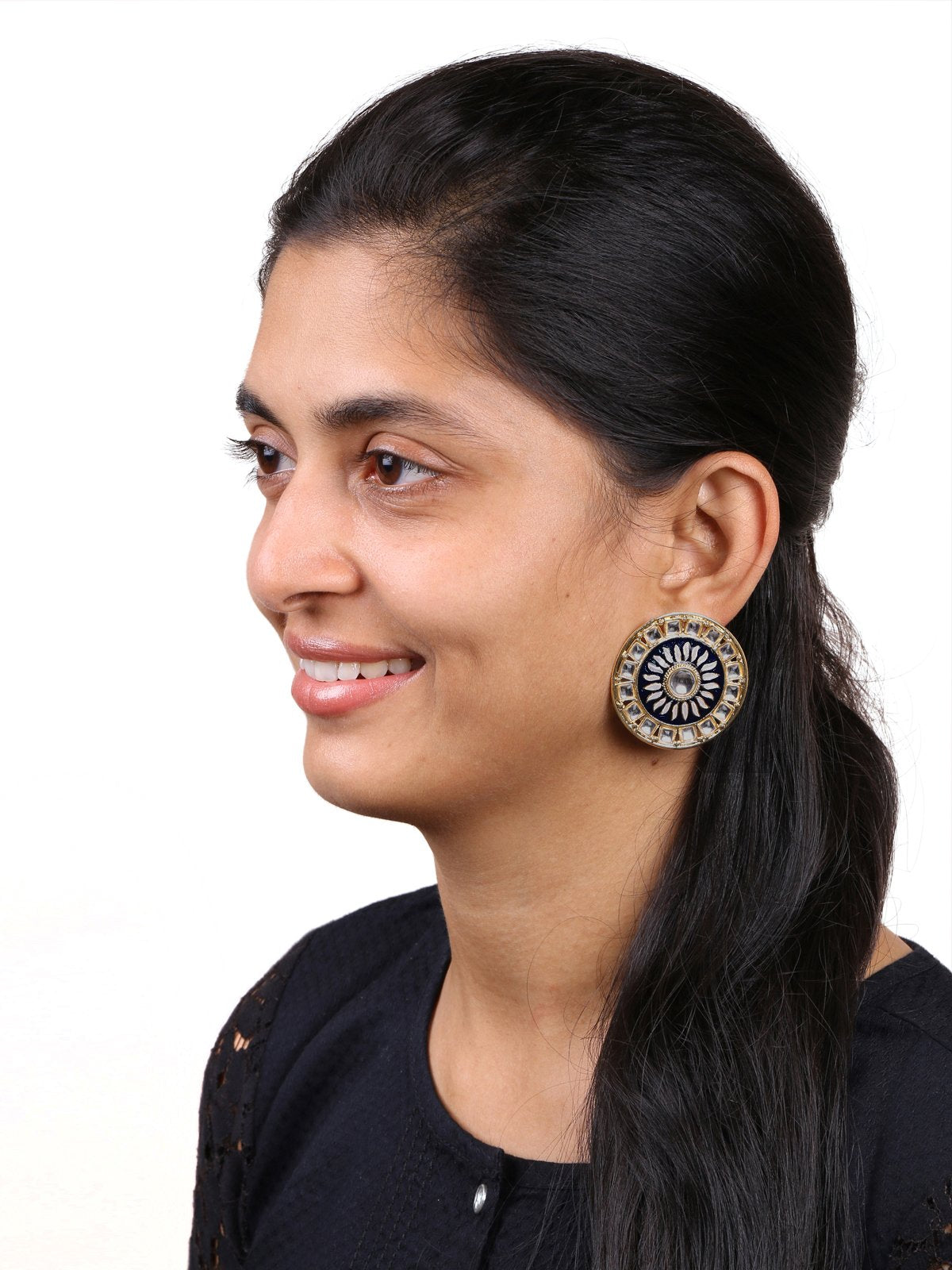 Traditional Fire Large Black Round Kundan Meenakari Stud Earring Girls Women