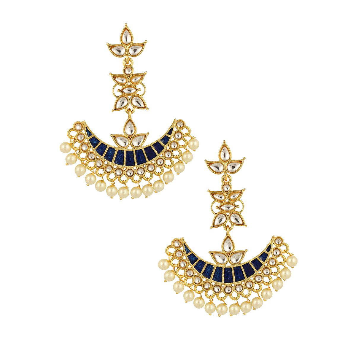 Blue Chaand Bali Kundan Pearl Meenakari Tassel Dangling Earring