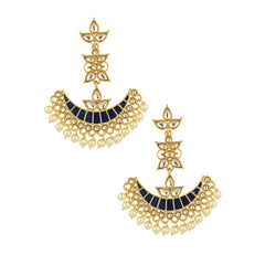 Blue Chaand Bali Kundan Pearl Meenakari Tassel Dangling Earring