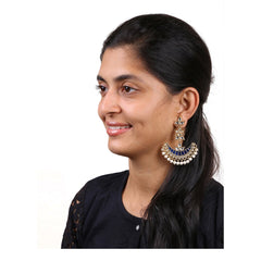 Blue Chaand Bali Kundan Pearl Meenakari Tassel Dangling Earring