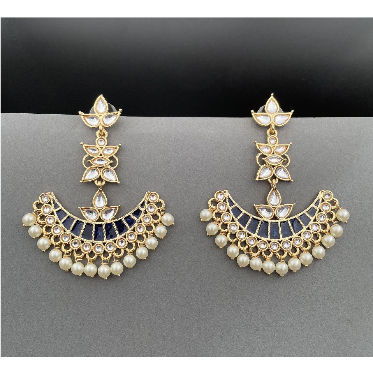 Blue Chaand Bali Kundan Pearl Meenakari Tassel Dangling Earring