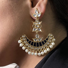 Blue Chaand Bali Kundan Pearl Meenakari Tassel Dangling Earring