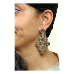 Lct Maroon American Diamond Cz Kundan Antique Gold Dangling Earring